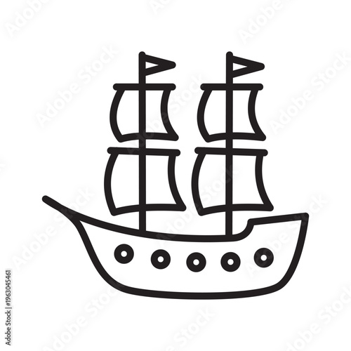 Black outline sailing ship icon with two masts and flags on white background