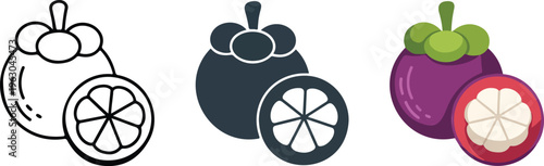 Set of tropical mangosteen fruit icons in minimalist outline silhouette and colorful flat vector styles for organic design.