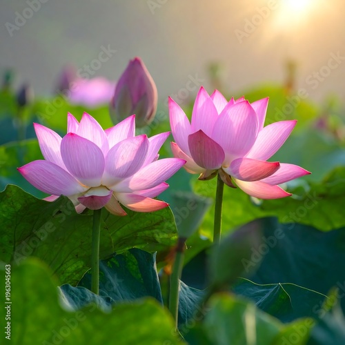 Two pink water lilies bloom brightly with a sunlit background