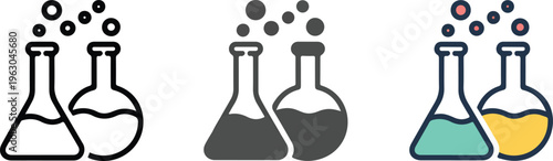 Set of laboratory flask icons in minimalist outline silhouette and colorful flat vector styles for science design.