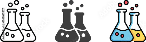 Set of laboratory flask icons in minimalist outline silhouette and colorful flat vector styles for science design.