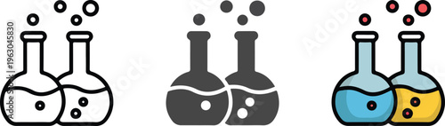 Set of laboratory flask icons in minimalist outline silhouette and colorful flat vector styles for science design.