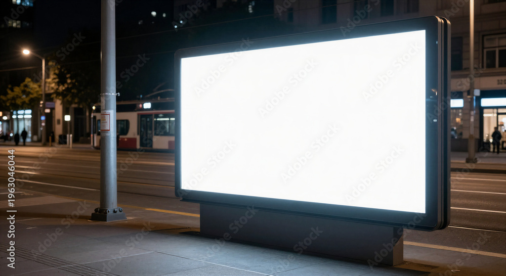 Fototapeta premium Blank Illuminated Billboard Mockup on City Street at Night with Copy Space