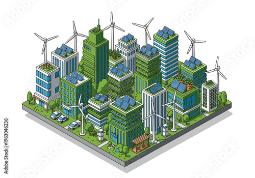 The cityscape showcases green buildings with solar panels and wind turbines.