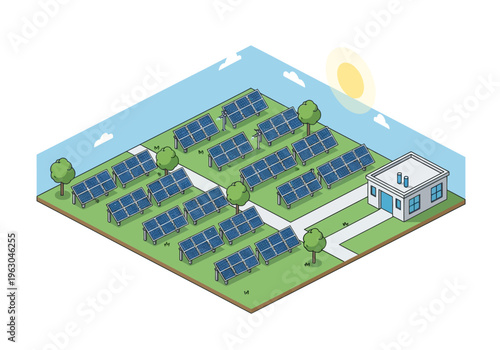 Solar panels generate electricity on a green field near a house