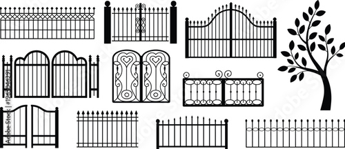 Ornamental fence and gate silhouettes vector set with decorative iron railings garden barriers tree isolated black design illustration