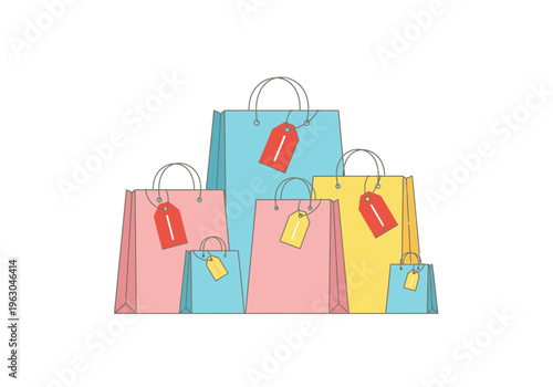 Group of colorful shopping bags of various sizes with hanging price tags