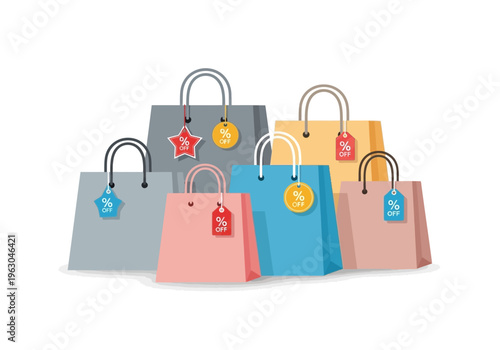 Group of colorful shopping bags with percentage off sale tags