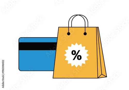Graphic of a yellow shopping bag with a percentage sign and a blue card