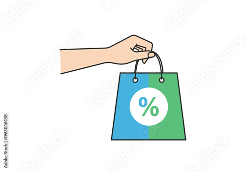 Hand holding a blue and green shopping bag with a percentage sign