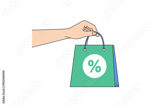 Hand holding a green shopping bag with a white percentage symbol