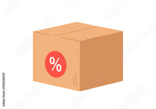 Isometric brown cardboard box with a red percentage sign sticker on the front face