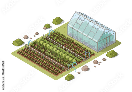 Aerial view of people gardening in a greenhouse and outdoor plant nursery
