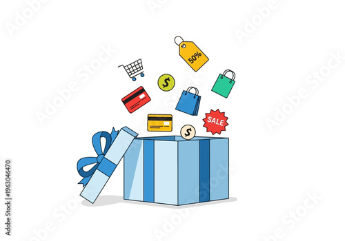 Open gift box with shopping icons flying out against white background