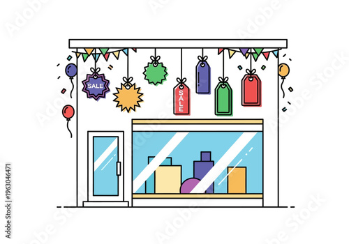 Outline illustration of a storefront decorated with sale signs balloons and bunting