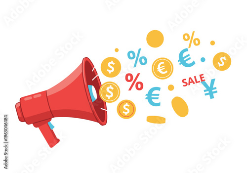 Red megaphone broadcasting currency symbols percentages and the word SALE
