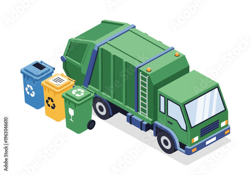 A green garbage truck is collecting waste from colorful bins on a city street.