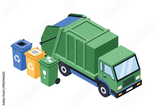 A green garbage truck collects waste from recycling bins on a city street