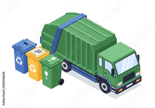 Truck collects trash from bins on the street in urban area daily