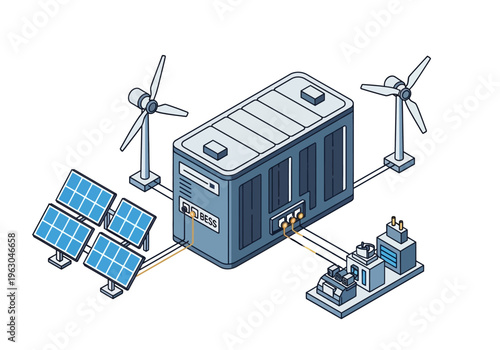 Renewable energy system generates power with solar panels and wind turbines connected to a central power storage unit and industrial facility