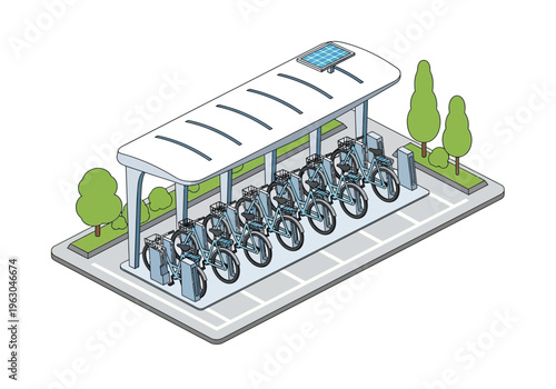 Bicycles are parked under a shelter on a sidewalk next to trees.