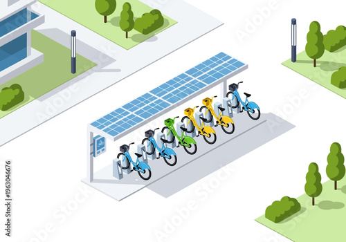 People riding bicycles at a solar powered bike station in a city