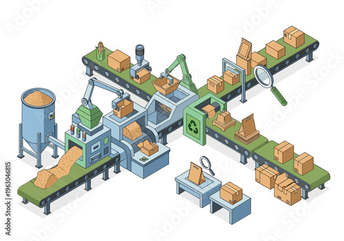 A factory worker oversees boxes moving along a production line with machinery sorting and packing them efficiently in an industrial setting from above.