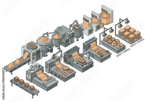 The industrial bread production process unfolds in a factory setting with machines.