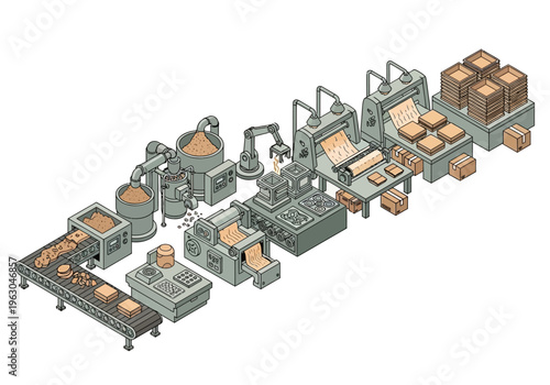 A factory production line manufactures and packages goods efficiently indoors.