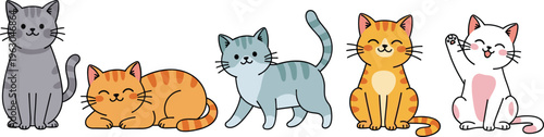 Cute Kawaii Cat Vector Illustration Set Featuring Diverse Happy Kitty Characters in Grey Ginger and White Patterns for Children Nursery Art