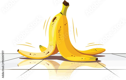 Single banana peel on white surface with reflection against transparent checkered background illustration.