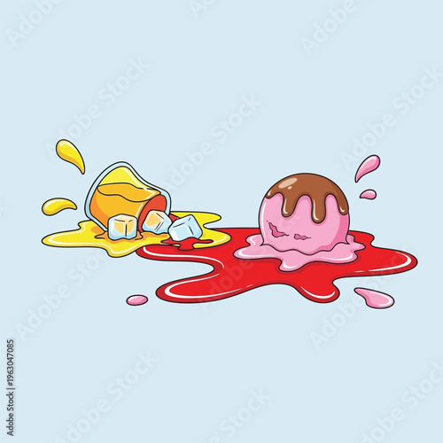 Spilled pink ice cream scoop with chocolate syrup and orange drink with ice cubes illustration.