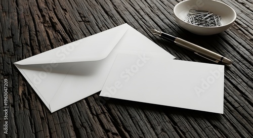 A blank white envelope and card rest beside a silver pen and paper clips on a dark, weathered wooden surface for correspondence.