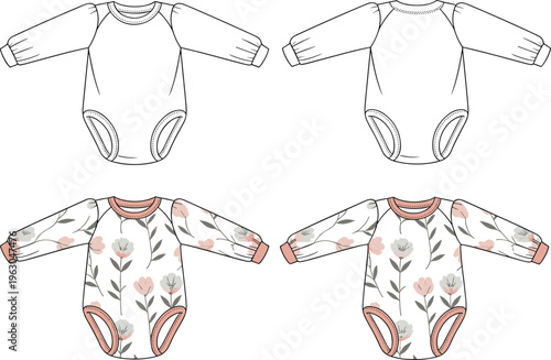 Baby bodysuit fashion flat sketch with long sleeves, floral seamless print design, apparel template for kids clothing, infant wear garment technical drawing illustration