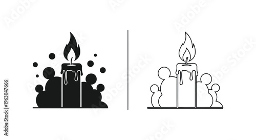 Candle icons, birthday flame symbols, vector graphics, black and white isolated on White Background