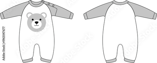 Baby romper technical flat sketch with bear face print, long sleeves, button shoulder opening, infant clothing design front and back vector illustration