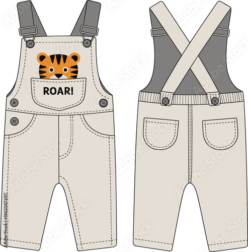 Cute baby overalls with tiger face design, kids dungarees fashion, toddler romper clothing, children’s apparel, unisex jumpsuit outfit for boys and girls