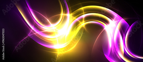 Abstract vibrant energy flows. Bright yellow, purple hues create dynamic curves, light trails against dark background. Modern design element.