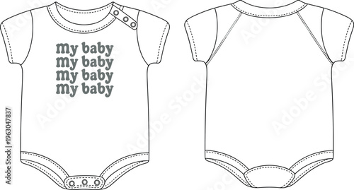 White baby bodysuit with “my baby” text design, short sleeve romper for newborns, stylish infant clothing, unisex cotton outfit for kids apparel