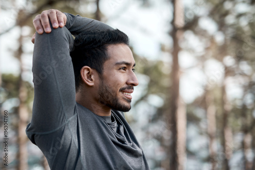 Tableau sur toile Stretching, athlete and fitness with man in nature for health, sports challenge and workout