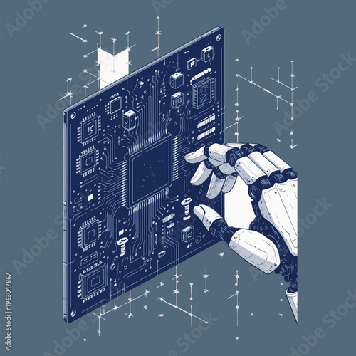 Blueprint vector illustration of an AI circuit board and robot hand.eps