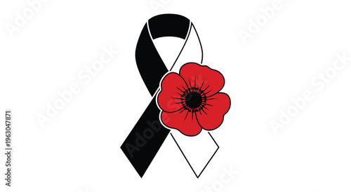 Remembrance poppy, black awareness ribbon, red flower, memorial symbol isolated on White Background