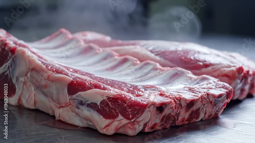 Raw Pork Ribs Ready for Cooking on a Metal Surface With Steam Rising