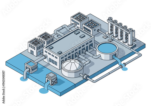 Large industrial water treatment plant operates near a river with multiple buildings and a round tank.