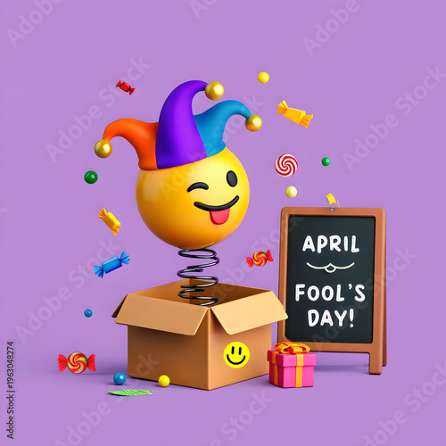 A cheerful emoji wearing a jesters hat pops out of a cardboard box on april fools day surrounded by colorful candies and a gift on a purple background
