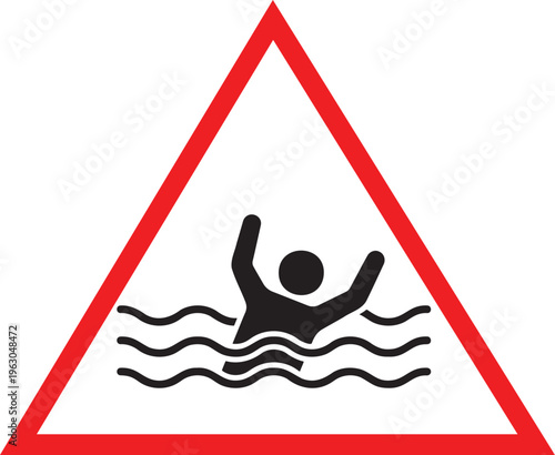 Warning sign silhouette of a person drowning in water with hands raised for help inside a red triangle, safety alert icon for deep water hazards, swimming risk and rescue awareness.