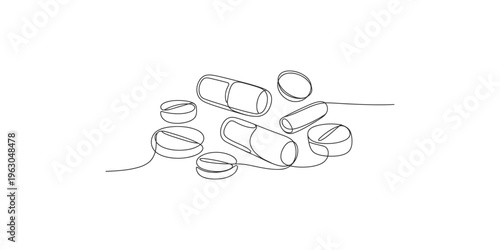 Continuous line drawing depicts various pharmaceutical pills and capsules in a minimalist style high quality professional detailed