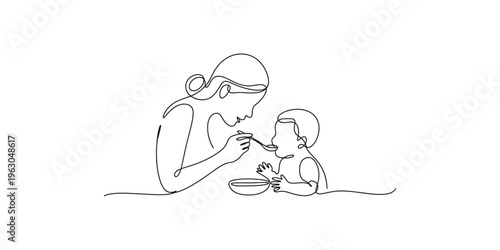 Continuous line drawing depicts a mother lovingly feeding her young child with a spoon high quality professional
