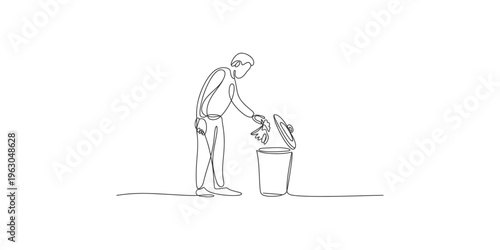 Continuous line drawing depicts a man discarding trash into a waste bin high quality professional detailed modern