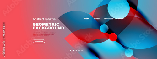 Abstract geometric background. Red, blue hues blend. Website header with navigation options present. Modern design elements visible.